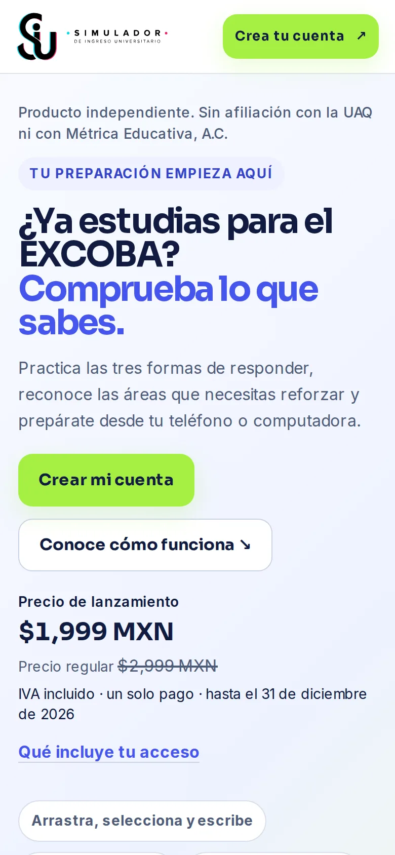 La portada de SIU con el botón «Crear mi cuenta»