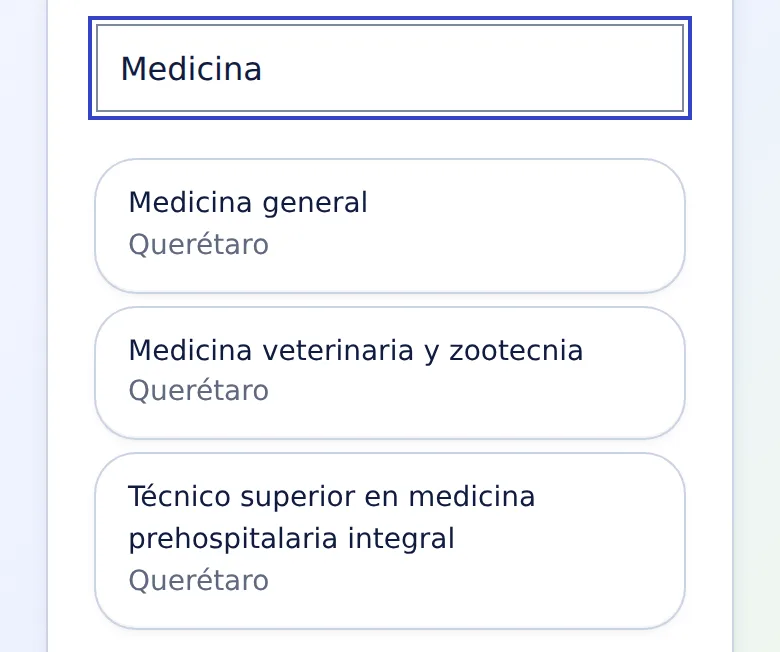 La lista de carreras con una elegida