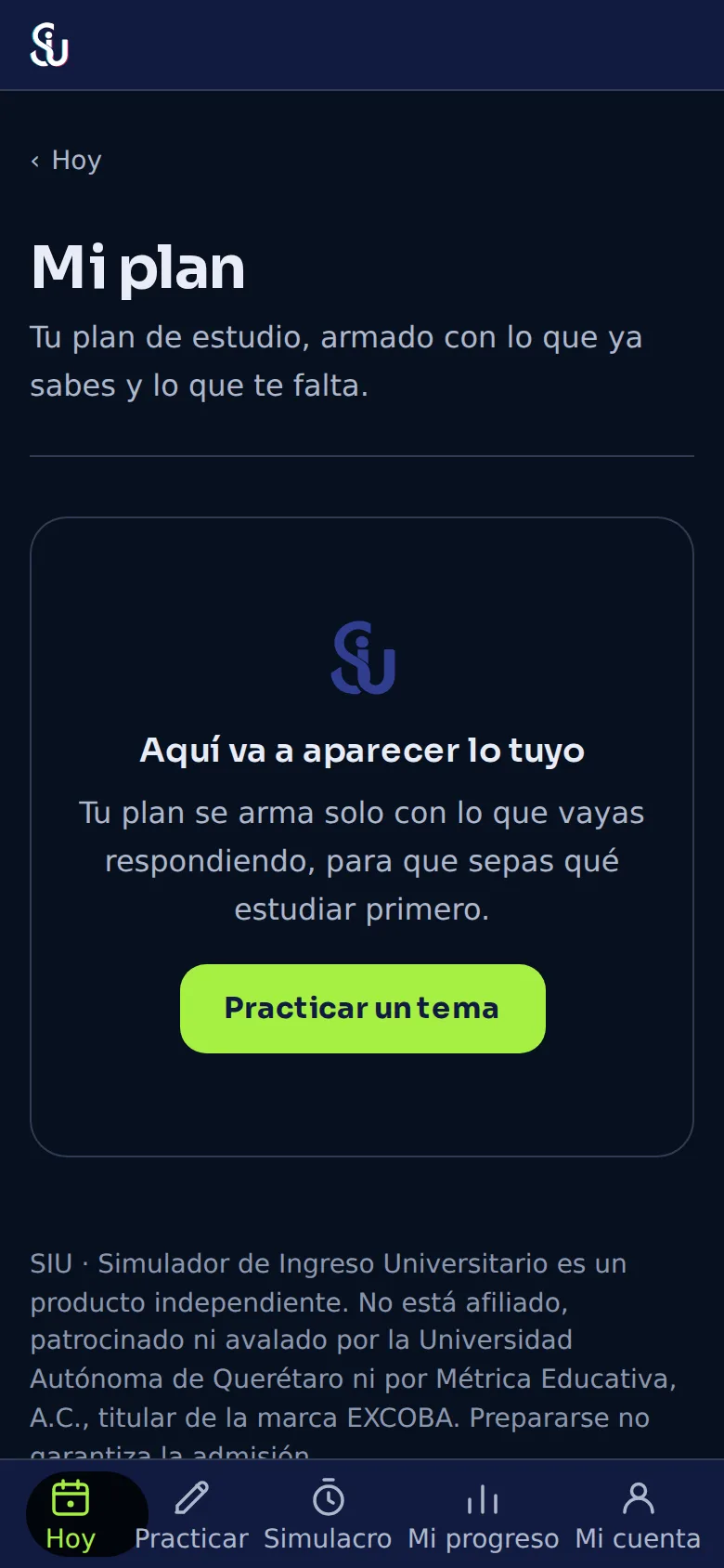 La pantalla Mi plan, todavía vacía, con el botón «Practicar un tema»