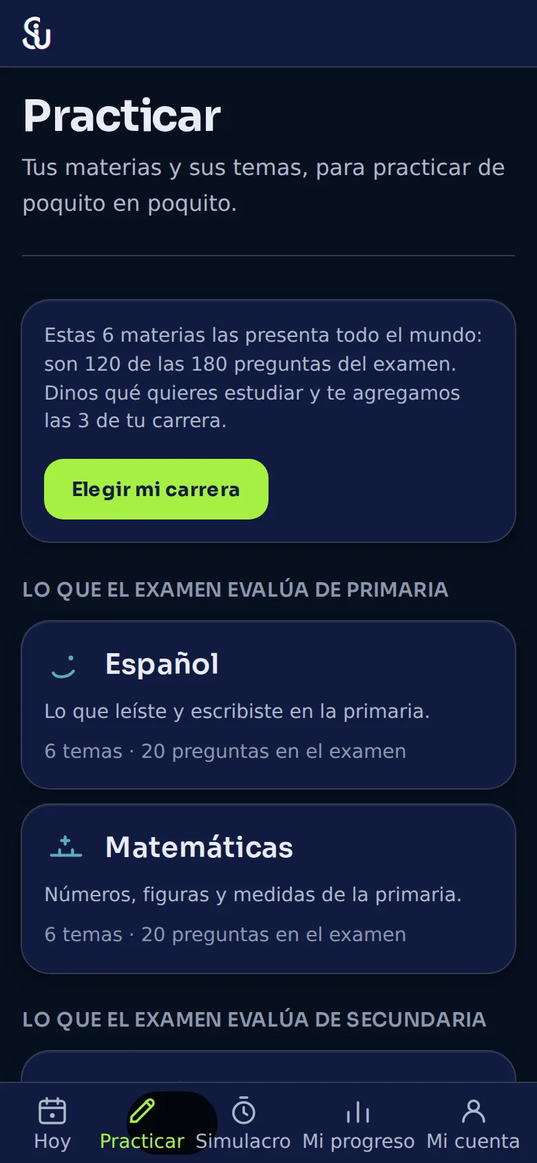 La pantalla Practicar con las materias