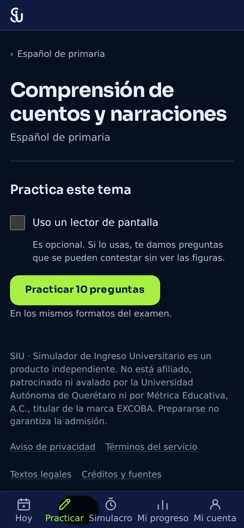 Un tema con el botón «Practicar 10 preguntas»