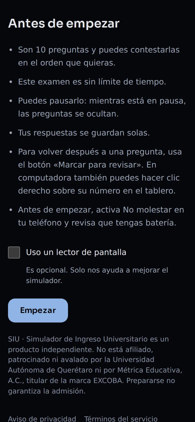 La pantalla «Antes de empezar» de una práctica