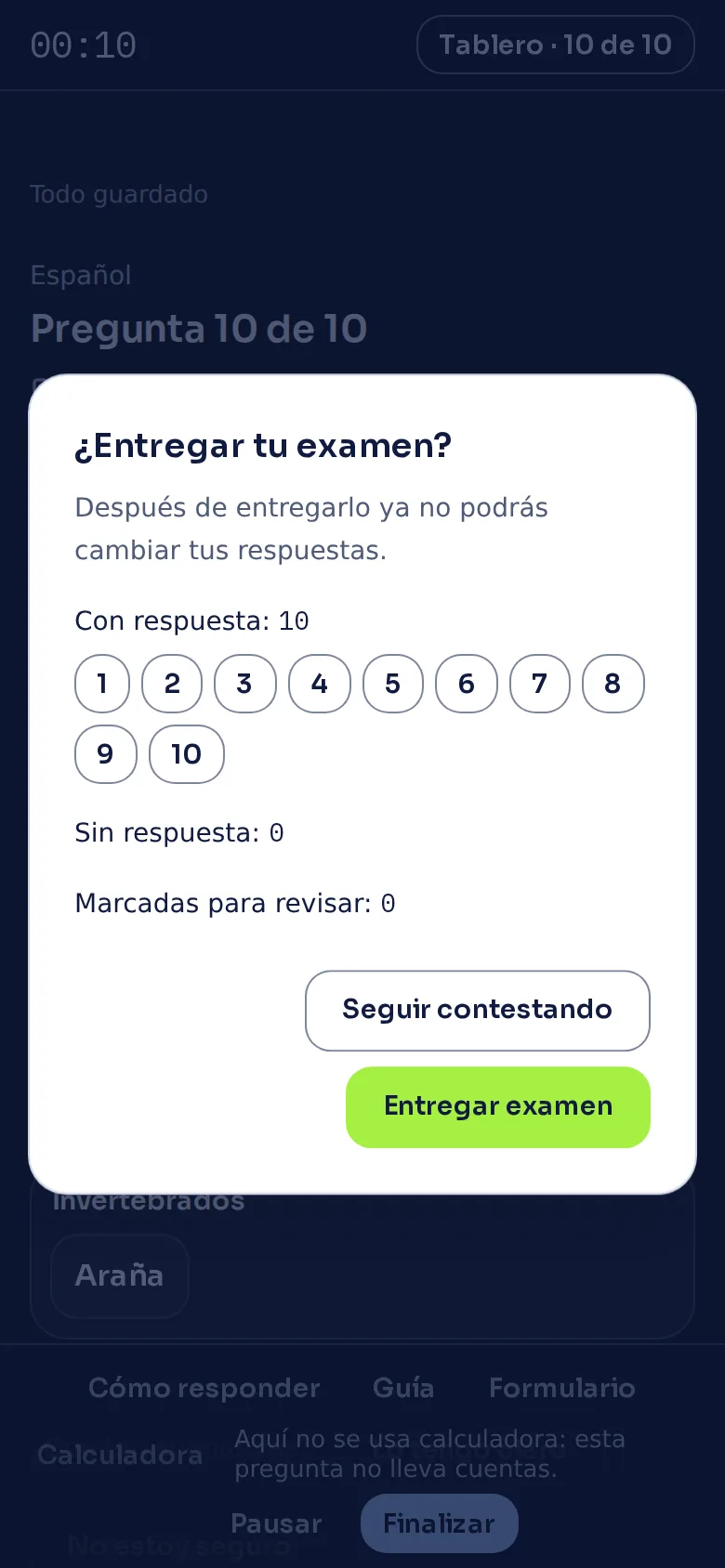 La pantalla de entregar, con el botón «Entregar examen»