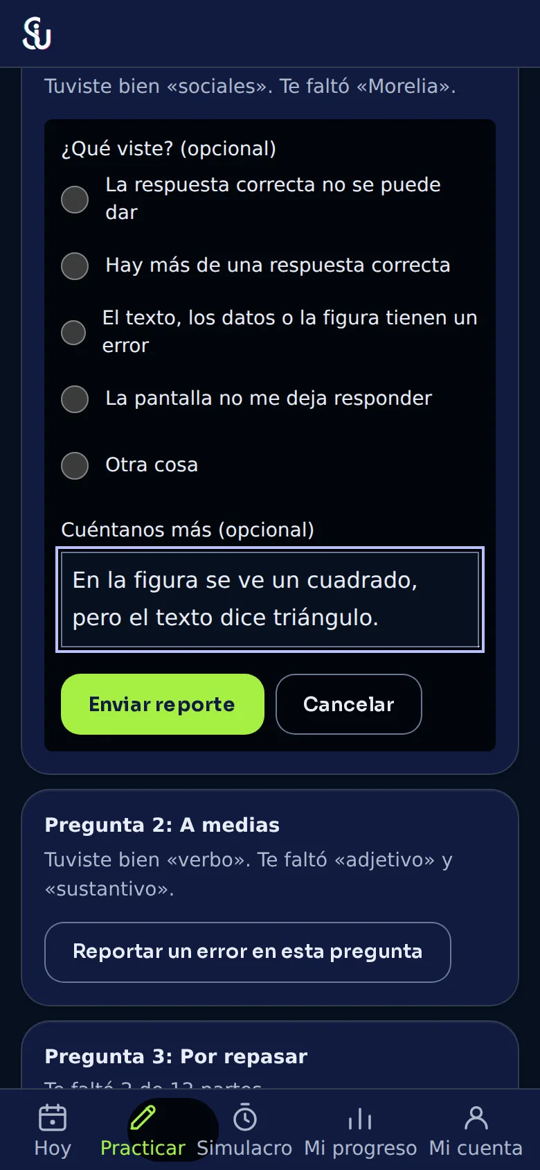 El formulario de reportar un error, con los motivos