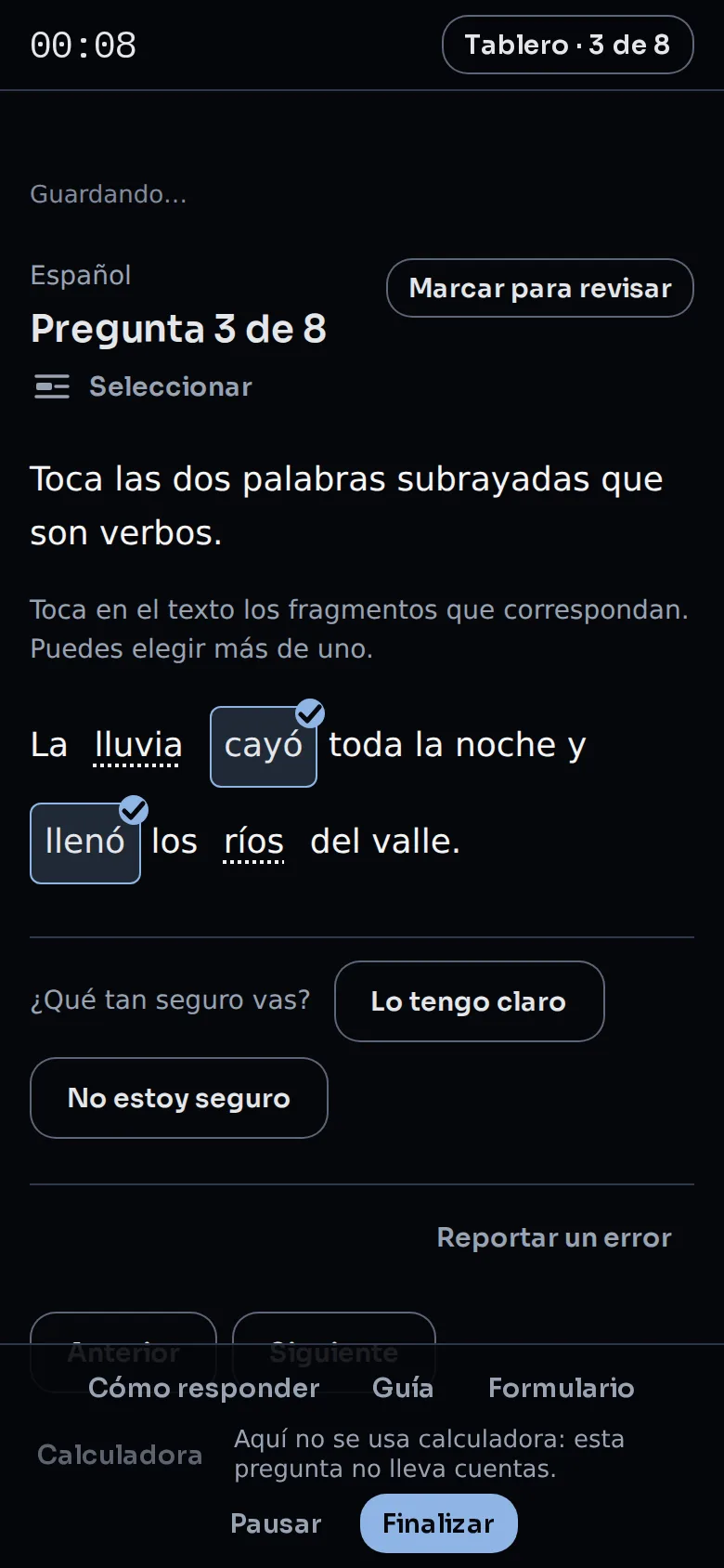 Una pregunta de selección dentro del simulacro