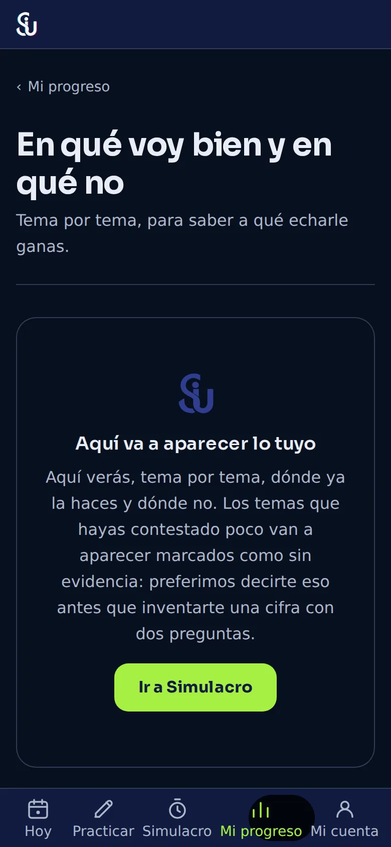 La pantalla «En qué voy bien y en qué no» antes del primer simulacro