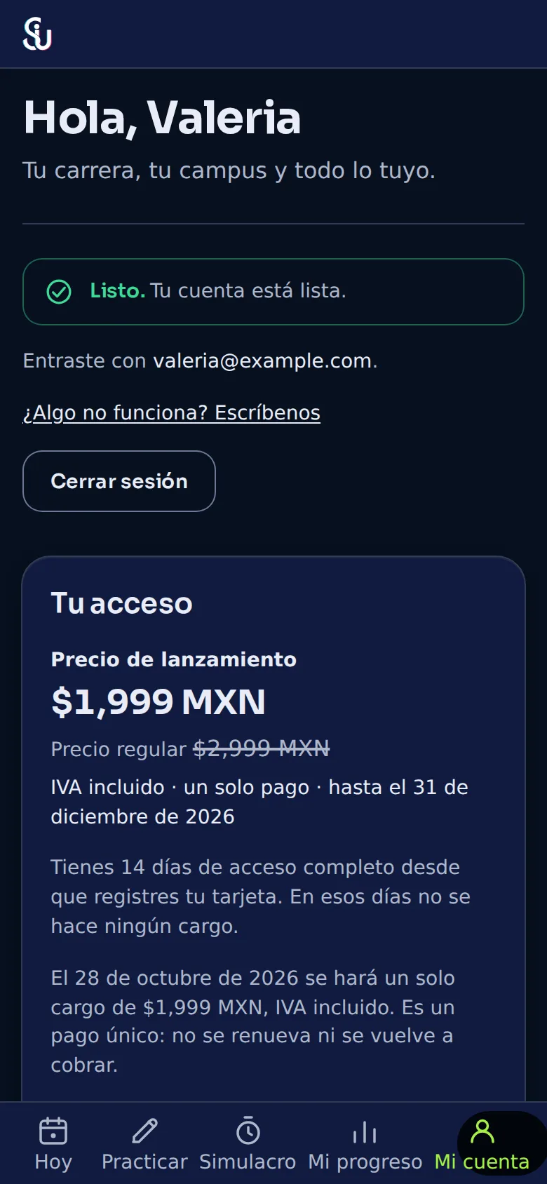 La pantalla Mi cuenta