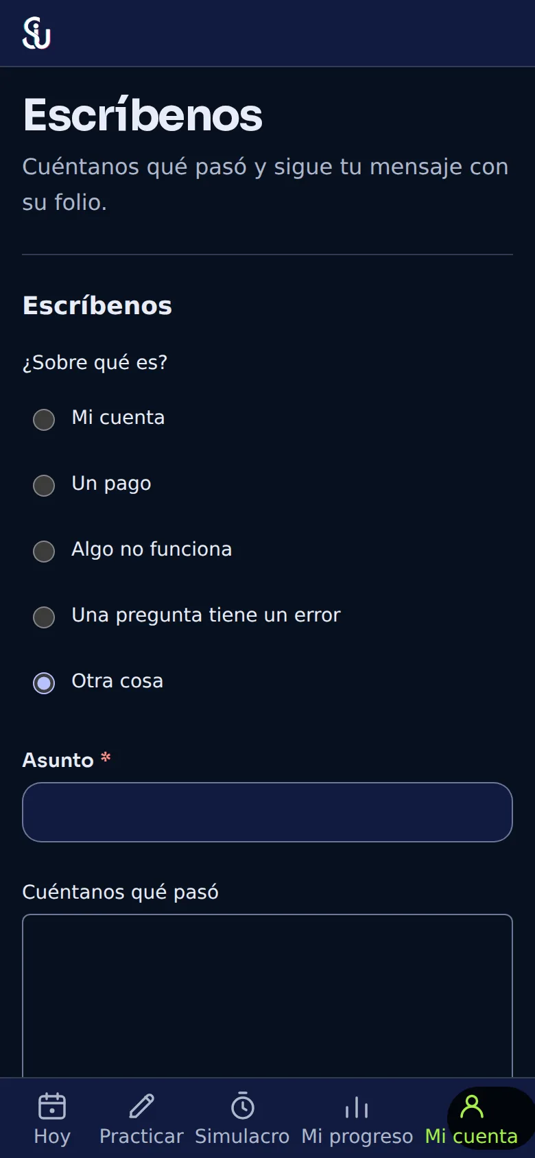El formulario «Escríbenos» con los motivos