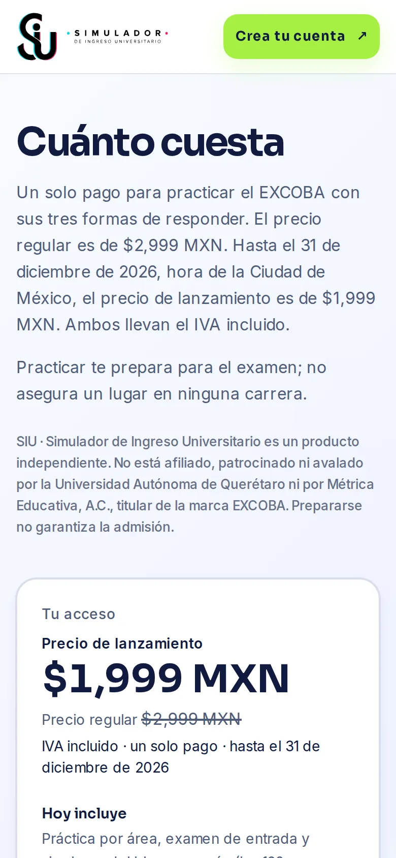 La página de precios