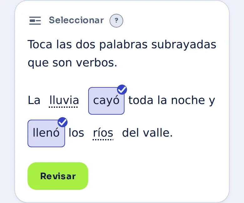Una pregunta de selección con dos palabras marcadas