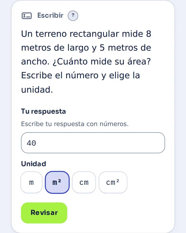 Una pregunta de escritura con el número y la unidad elegidos