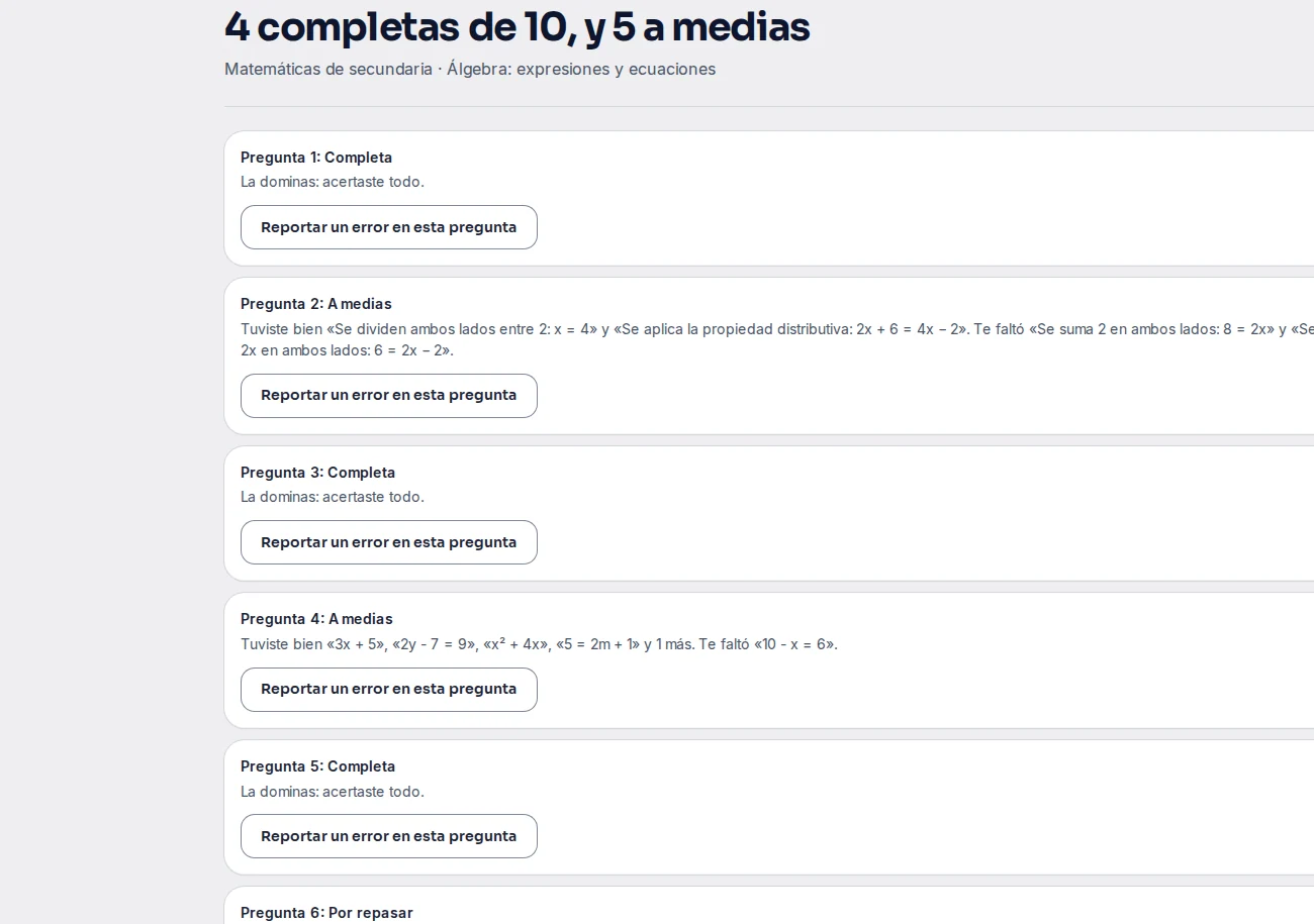 Resultados de práctica pregunta por pregunta