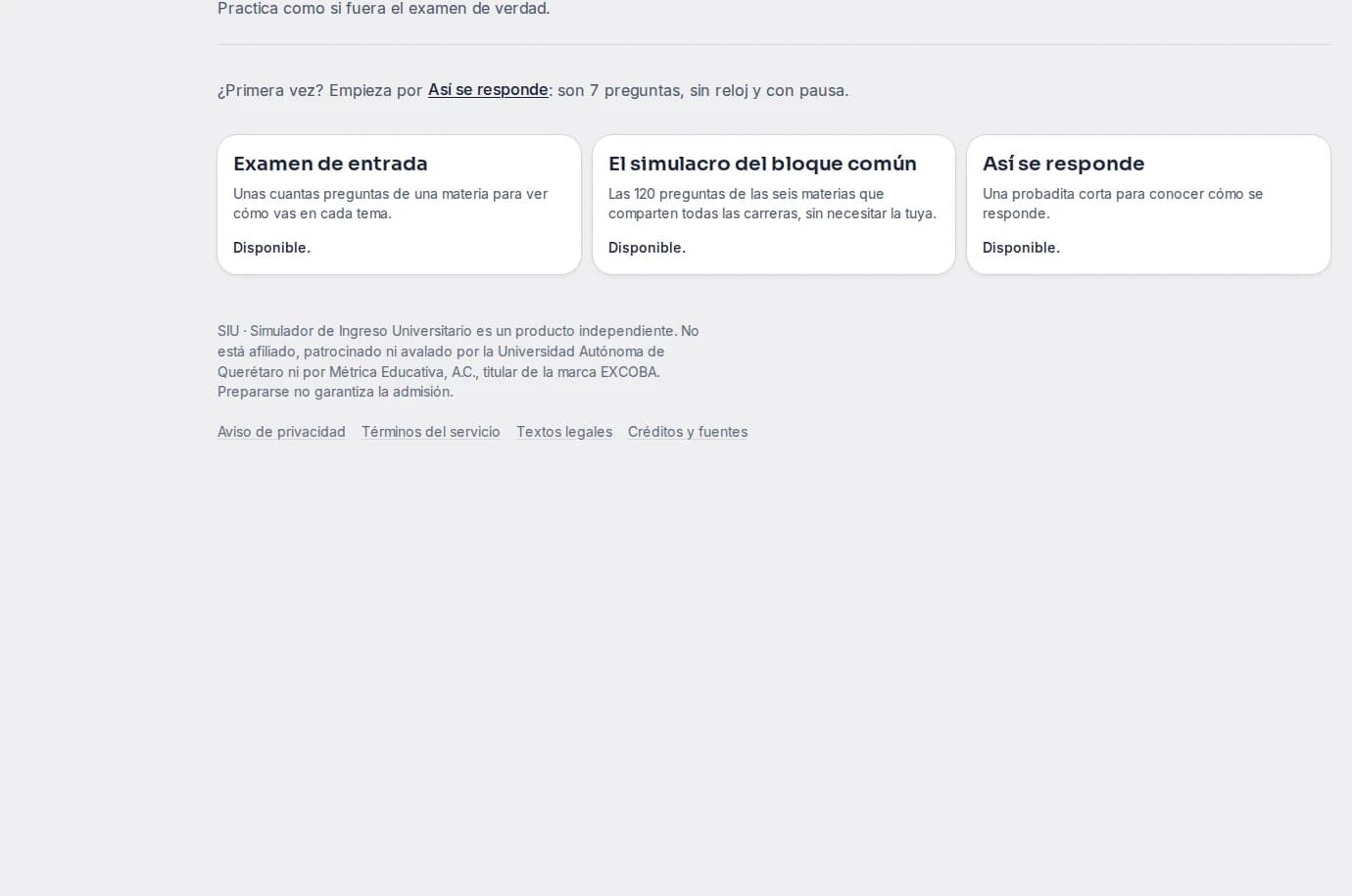 Opciones de simulacro